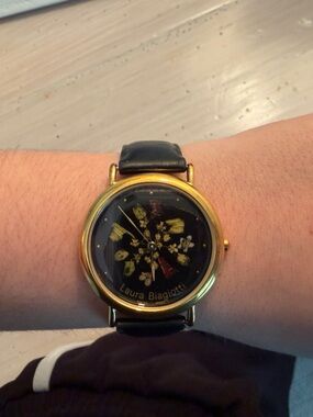 Larry Biagiotti Floral Dial Gold-Tone Watch with Black Leather Strap